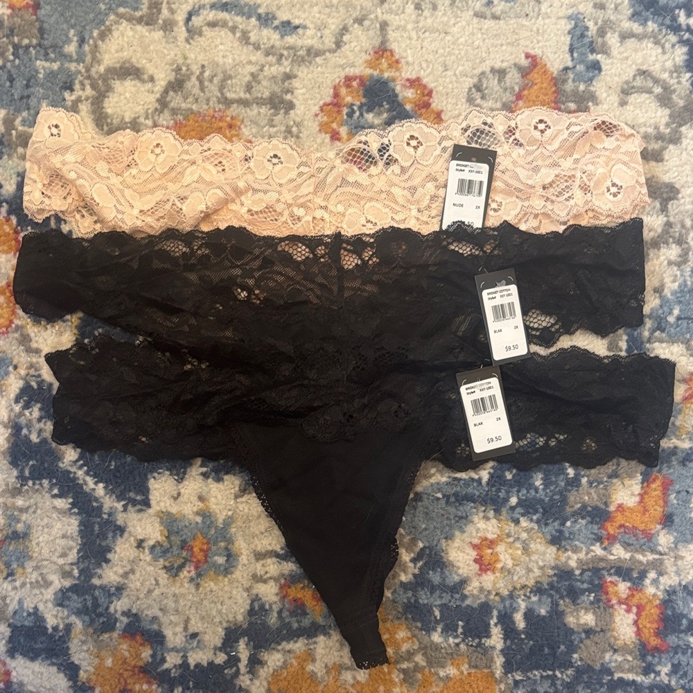 Elegant Lace thong Panty Set of 3  - Black and nude size 2X